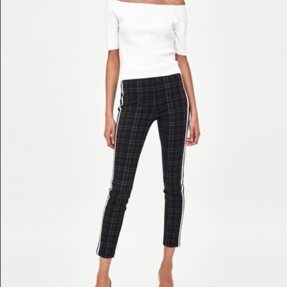 Zara | Plaid Striped Trouser Legging Pants Gray Blue White Tuxedo Strip XS - Picture 2 of 7